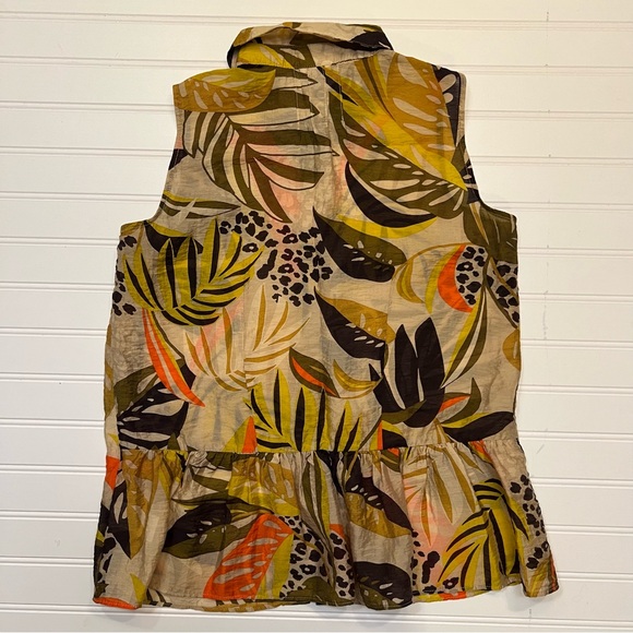 CAbi Bali Top Sleeveless Button Down Tropical Leaf Pattern Tan & Orange Size XS - Picture 10 of 12